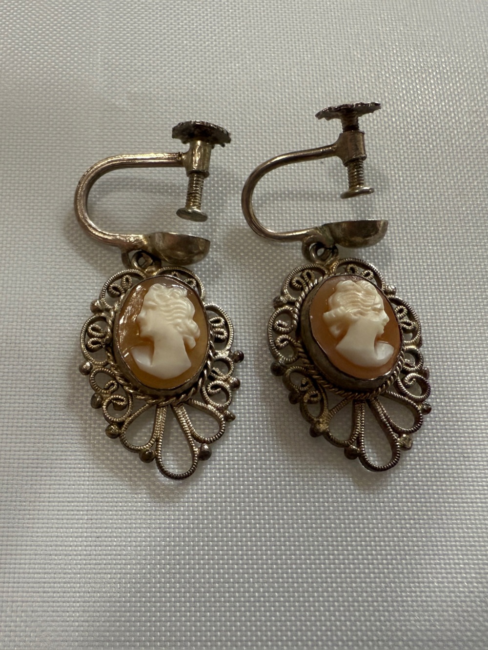 Victorian Sterling Silver Cameo and Filigree Earrings with Hand Carved Motif